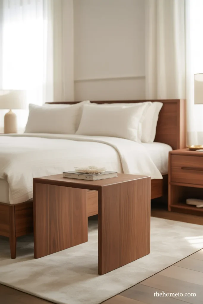 White bedroom with soft linen curtains and a calm elegant layout