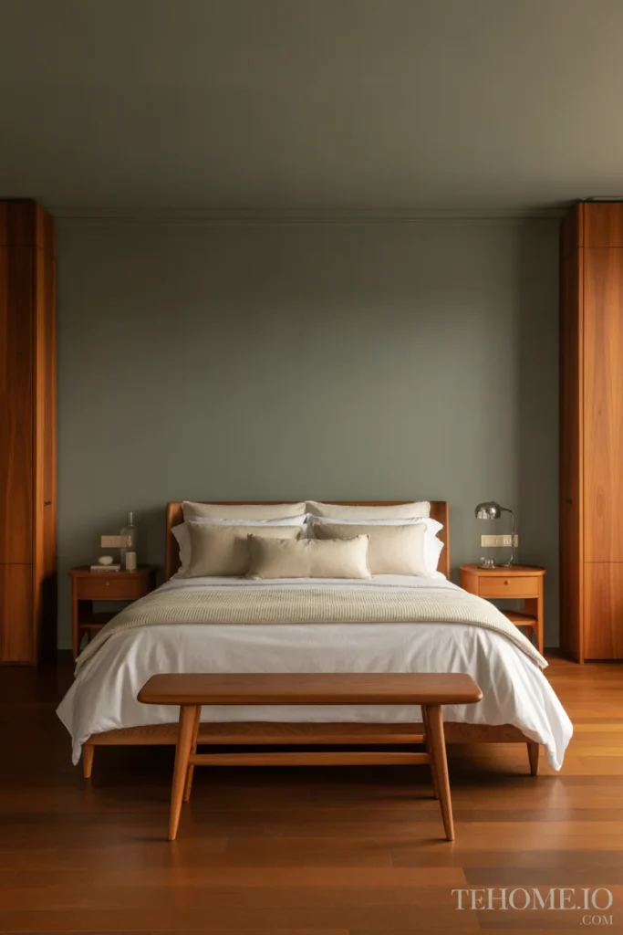 Grey bedroom with natural wood furniture and soft layered bedding