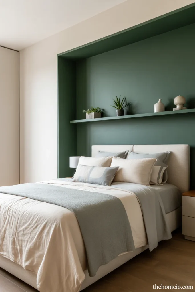 teen bedroom with deep sage green accent wall behind bed with floating shelves plants and layered bedding