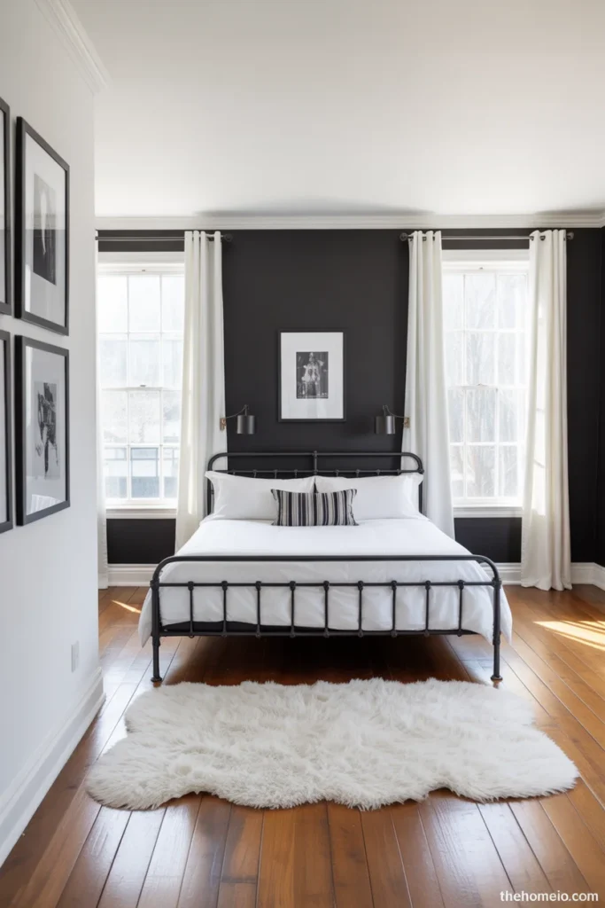 Black and white bedroom with matte black accent wall white bedding black metal bed frame and white shag rug