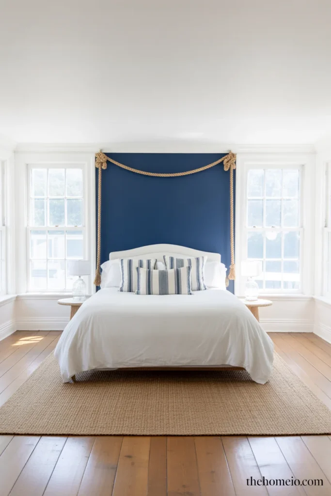 Classic navy blue and white bedroom with navy accent wall white bedding stripe pillow jute rug and rope accents