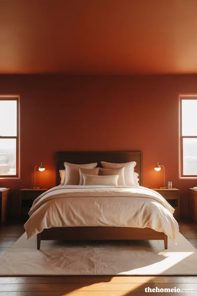 bedroom with deep terracotta walls cream bedding dark wood bed frame and warm brass lamps