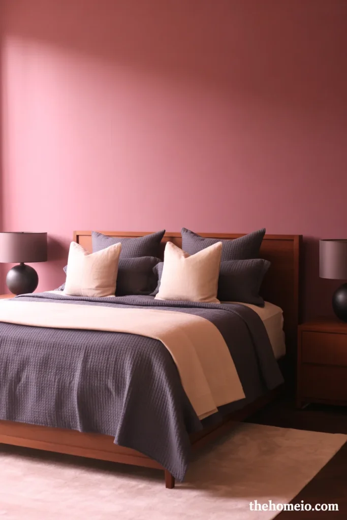 Sophisticated bedroom with deep mauve walls charcoal bedding dark wood bed frame and matte black lamps