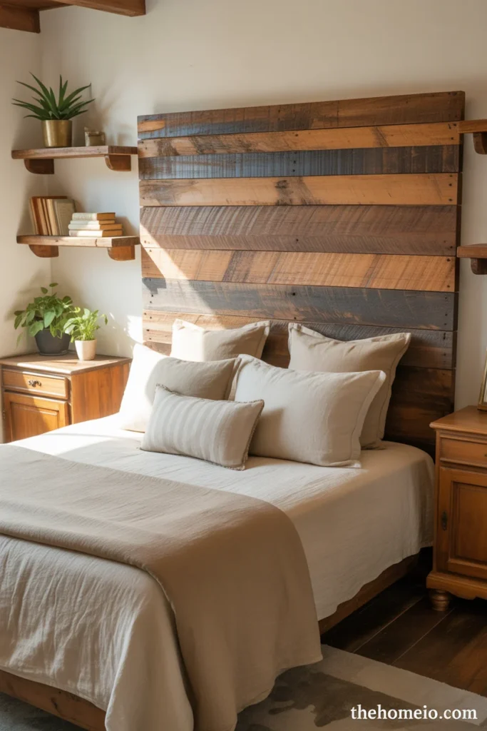 Rustic farmhouse bedroom with reclaimed wood headboard floating shelves vintage wood nightstands and cream bedding
