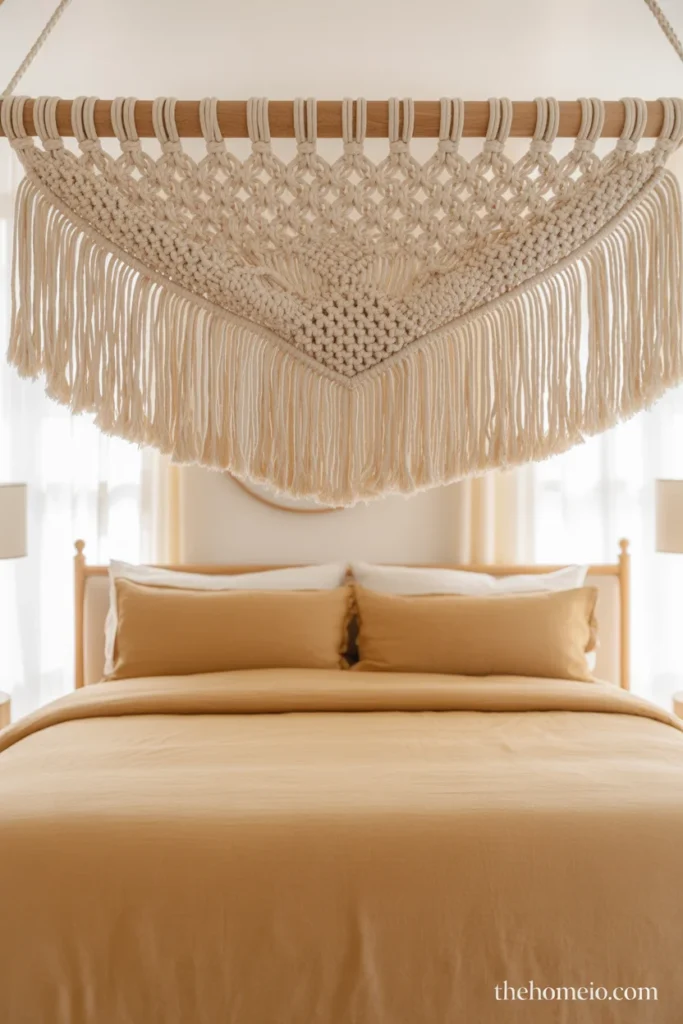 Warm bedroom with large natural macramé woven wall hanging above bed wood frame and oatmeal linen bedding