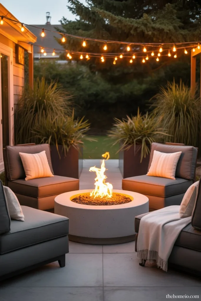 backyard patio with round concrete fire pit glowing flames outdoor chairs string lights and ornamental grass planters