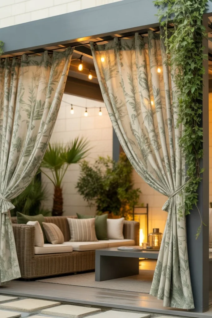 A backyard patio with botanical or geometric patterned curtains, minimal furniture with cozy throw pillows, soft layered lighting, plants and greenery around, bold but elegant styling