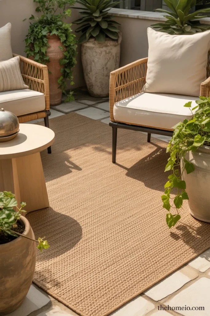Warm natural patio with jute-look polypropylene outdoor rug rattan chairs linen cushions and terracotta plant pots