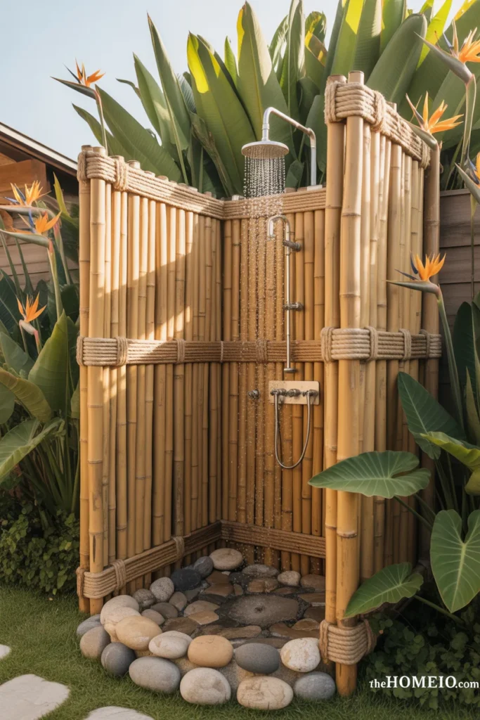 outdoor shower with natural bamboo pole walls lashed with jute rope river rock floor and tropical plants surrounding