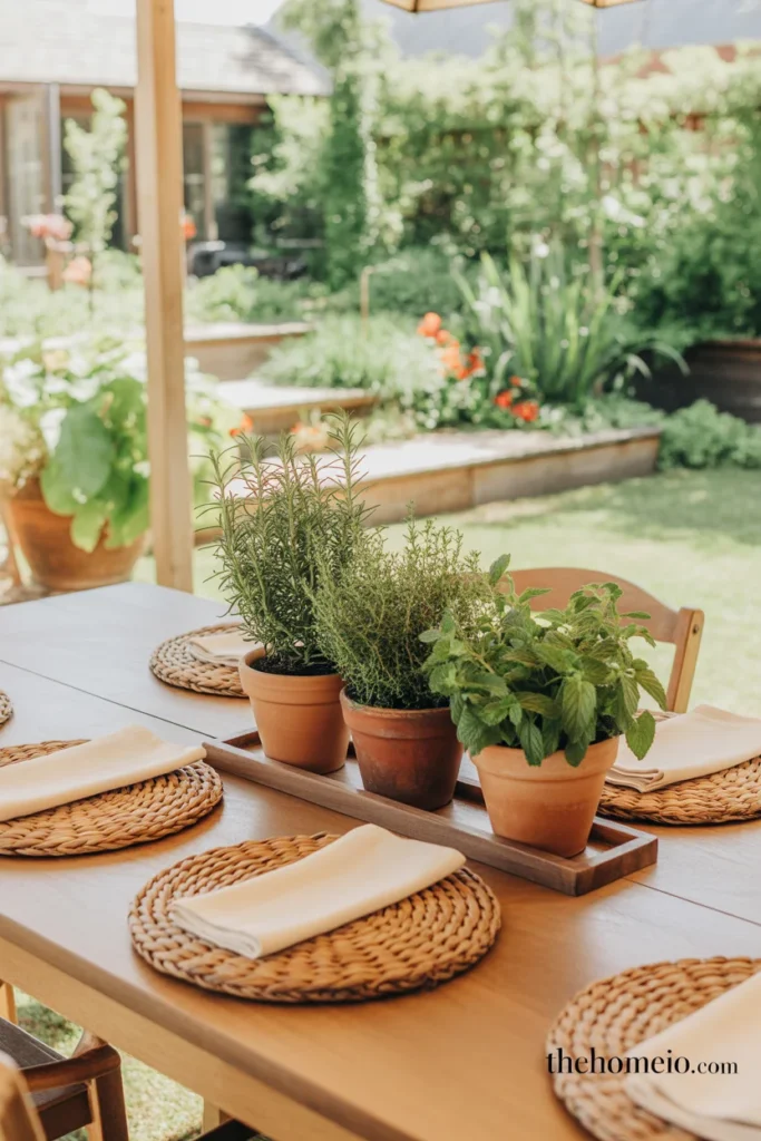 patio table with fresh herb centerpiece of rosemary thyme and mint in terracotta pots with rattan placemats