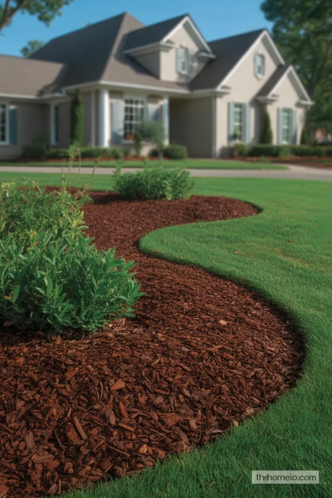 Freshly mulched front yard garden beds with dark brown mulch and clean defined edges