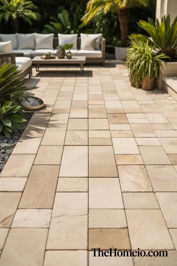 Luxurious backyard patio with warm cream travertine pavers natural stone veining and white cushioned outdoor furniture