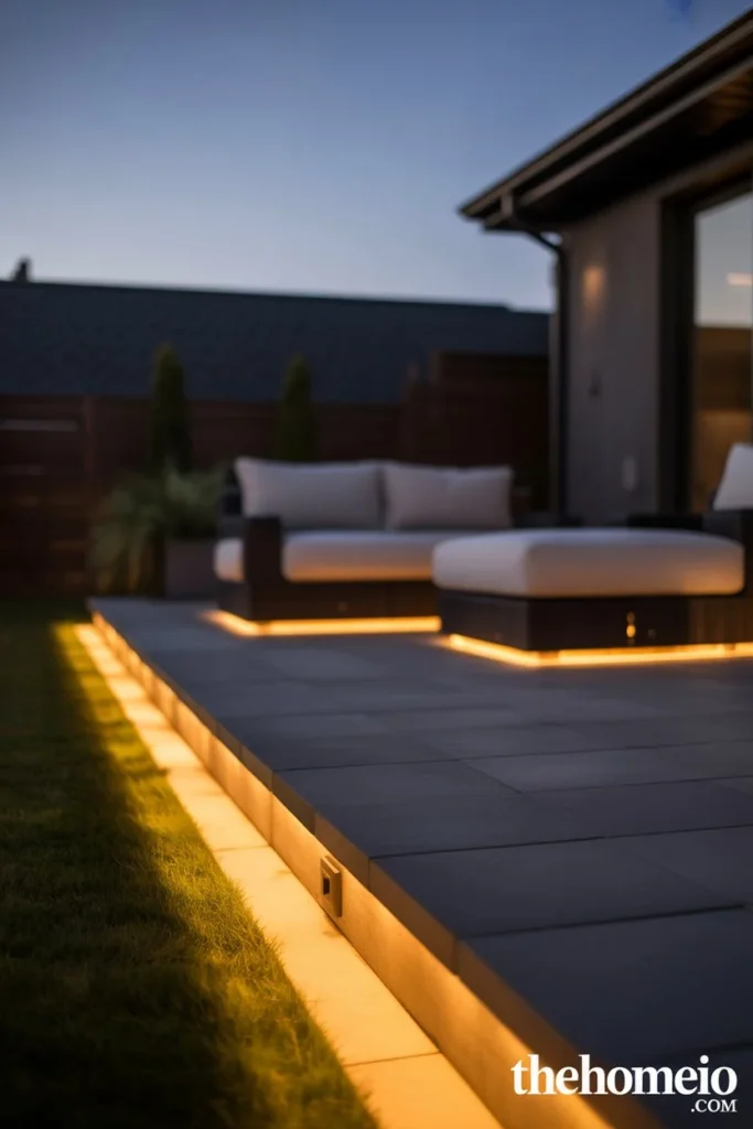 patio at night with warm LED lights recessed flush into concrete paver surface defining perimeter and pathway