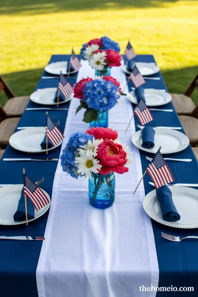 American backyard 4th of July cookout table with navy tablecloth white runner white plates navy napkins and red white blue floral centerpiece