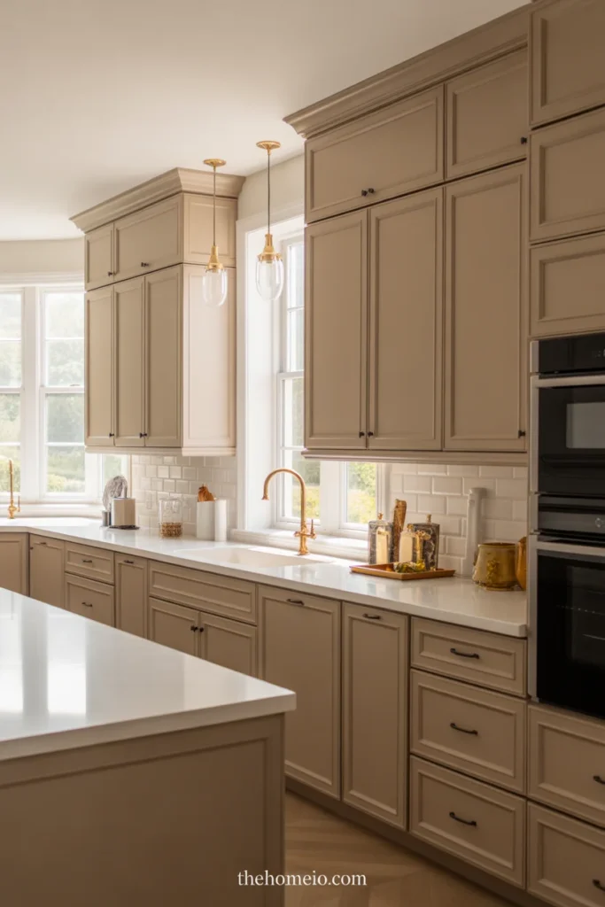Kitchen with greige cabinets, white quartz counters, and mixed brass and black accents