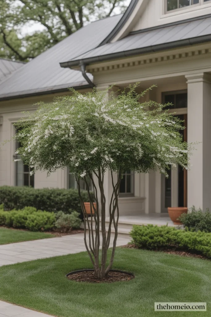 Front yard with a compact fringetree used as a focal ornamental tree