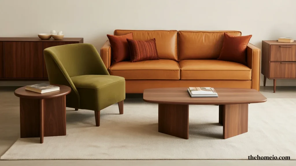 Modern retro living room with camel, olive, rust, and walnut tones