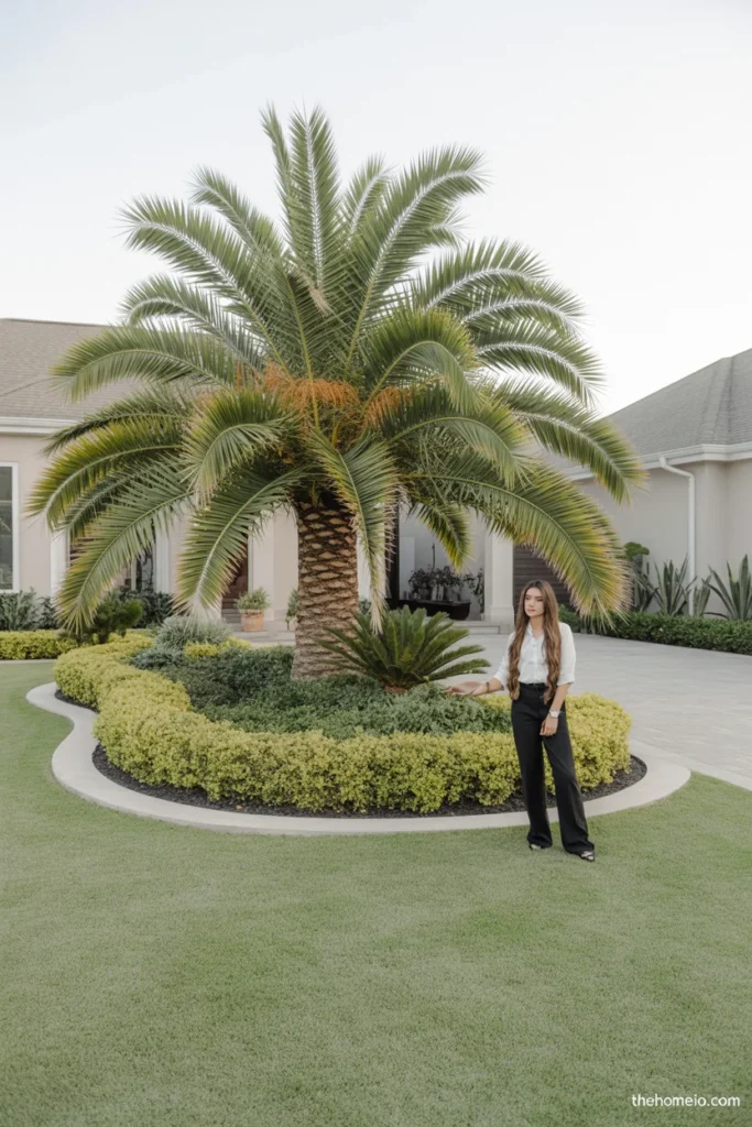 Tropical front yard with a curved bed around a palm tree