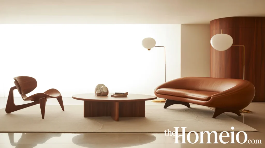 Mid century modern living room with curved chair, round table, and globe lamp