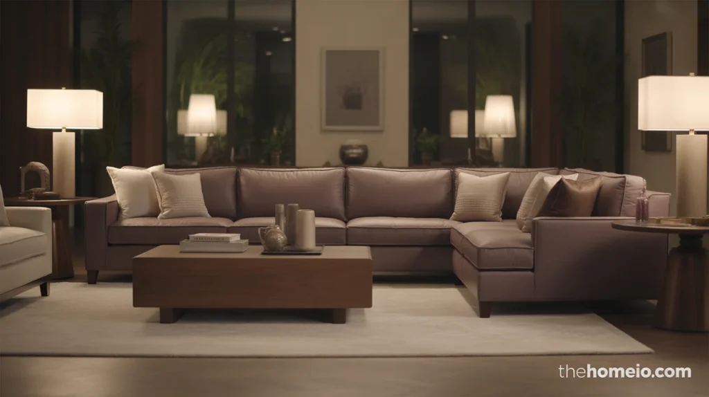Moody neutral living room anchored by a deep taupe sectional and dark wood table