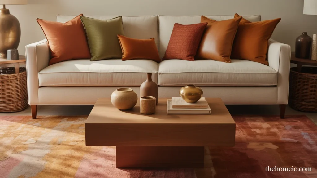 Cozy living room with earthy rust, olive, and camel accents