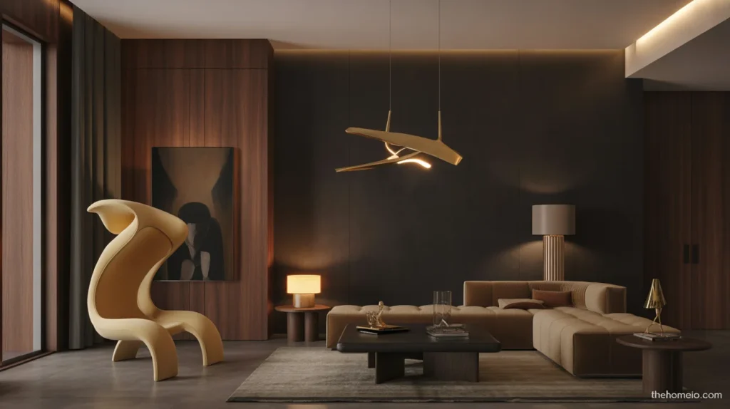 Moody living room with one sculptural statement chair and dark warm walls