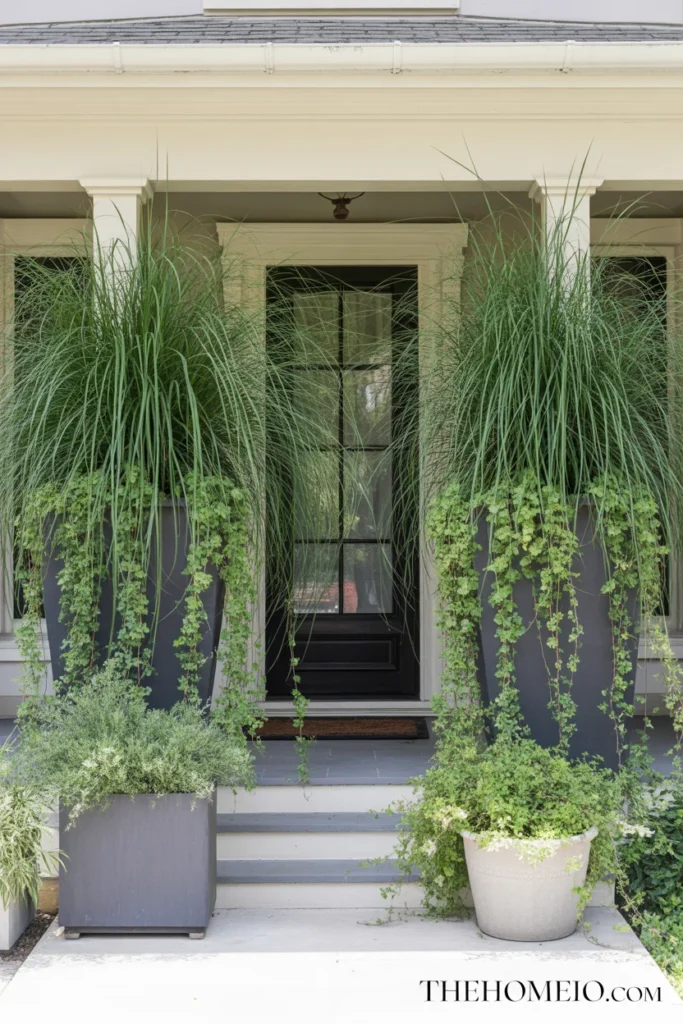 Large statement container plants with ornamental grasses and trailing vines flanking American home front porch entrance