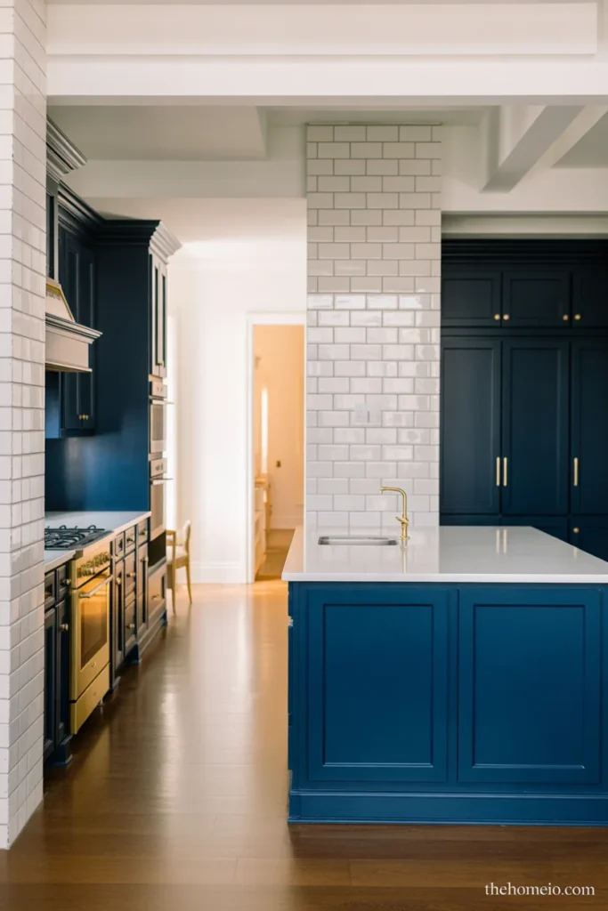 Sage green kitchen cabinets with butcher block and brass hardware