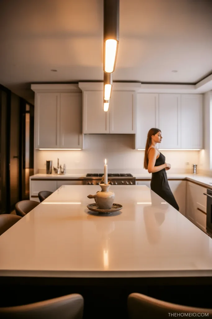 Kitchen island with low simple decor that keeps the surface open and clean