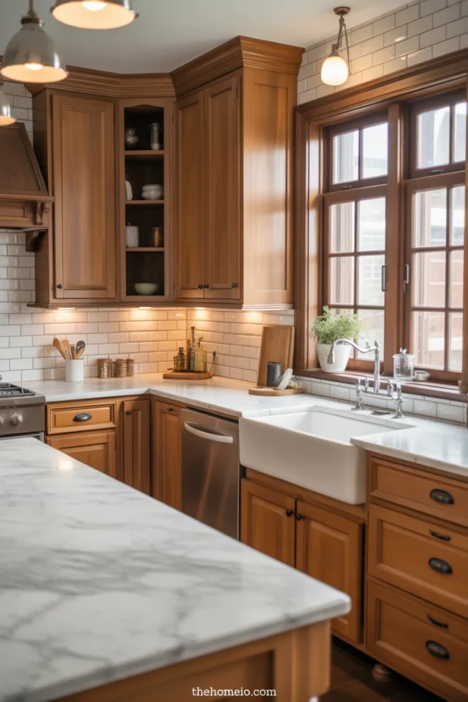 Modern farmhouse kitchen with honed stone surfaces and warm wood cabinets