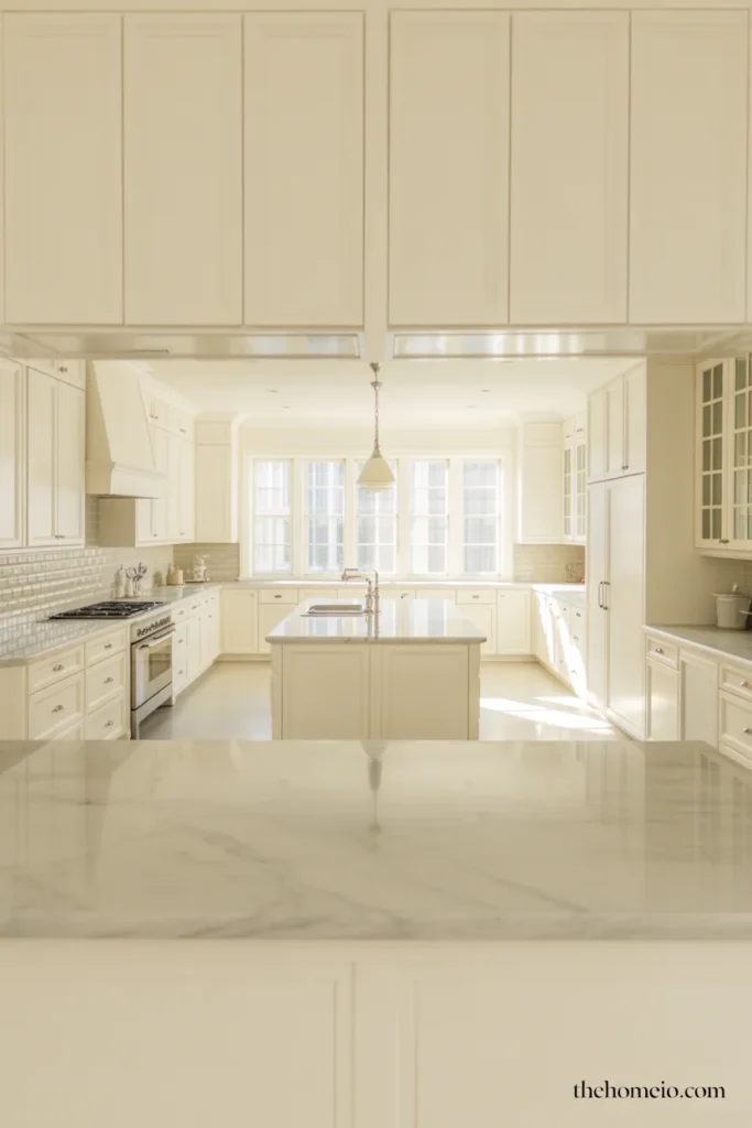 White kitchen cabinets with light quartz countertops and a clean calm layout