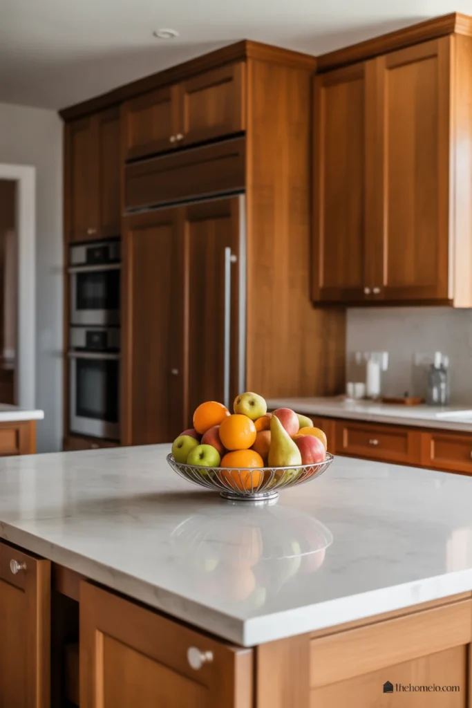 White kitchen cabinets with light quartz countertops and a clean calm layout