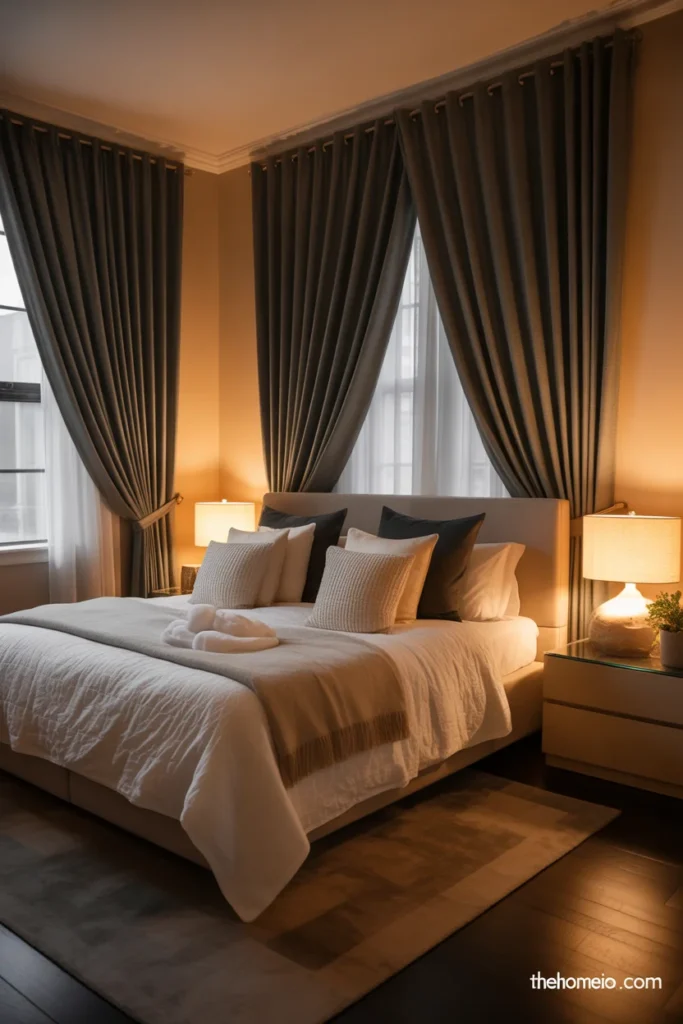 Bedroom with blackout curtains for privacy and light control
