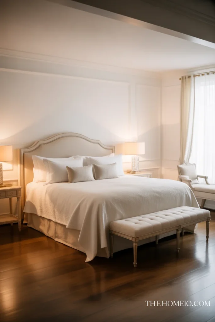 White bedroom with layered ivory, cream, and off-white tones