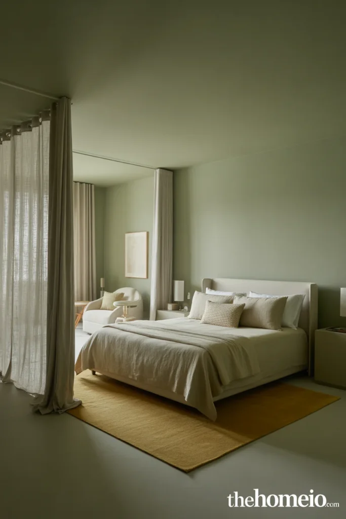 Bedroom with soft grey-green walls and calm neutral decor