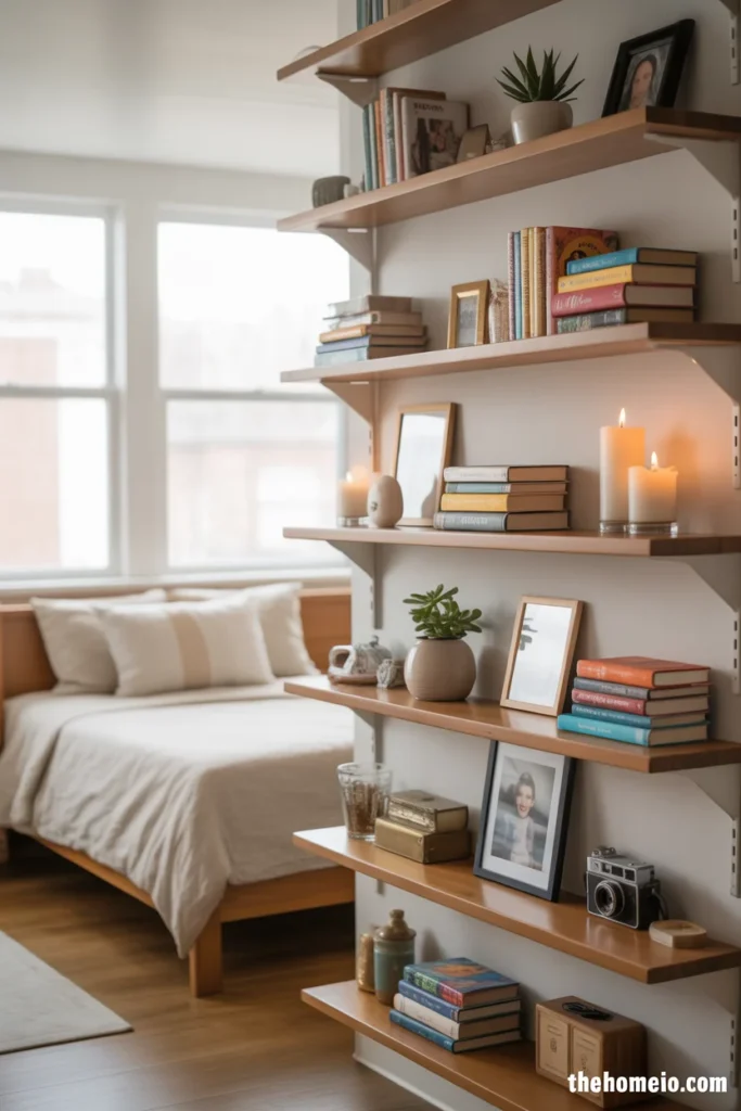 Teen bedroom floating shelves at staggered heights styled with plants books candles and personal decor items