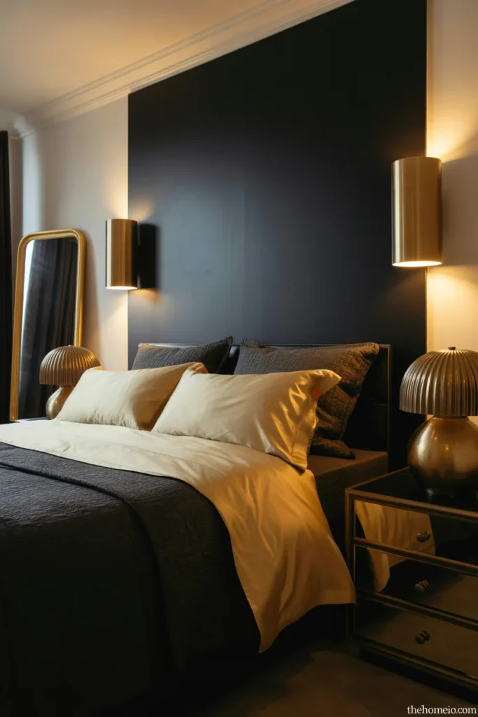 Luxury bedroom with matte black accent wall brushed gold sconces gold framed mirror and gold hardware accents