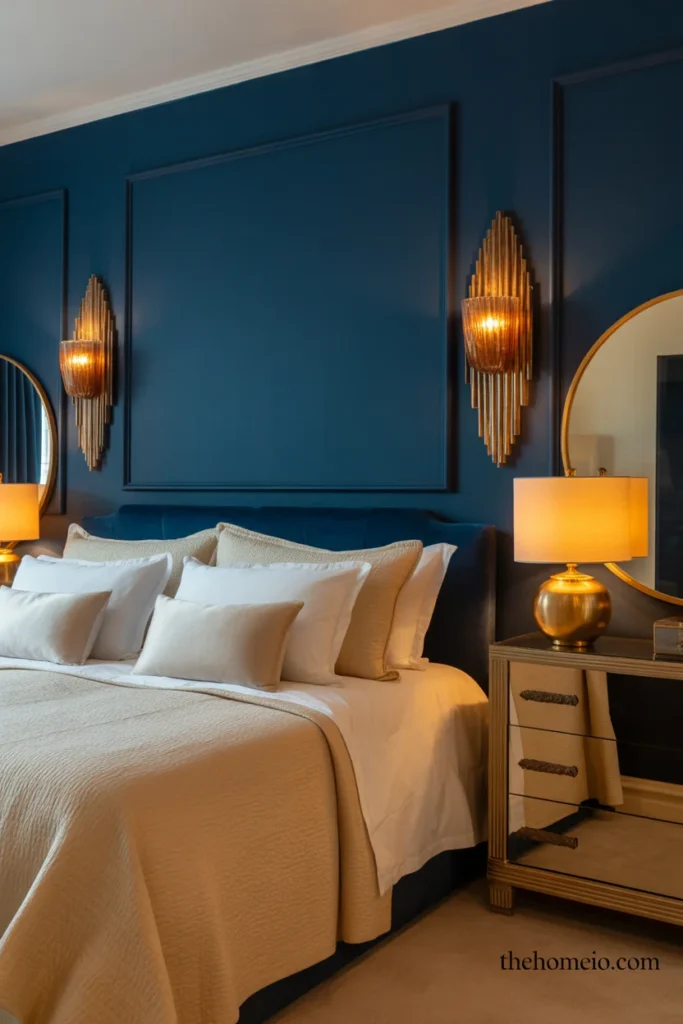 Luxury bedroom with deep blue accent wall brushed gold sconces gold framed mirror and warm cream bedding