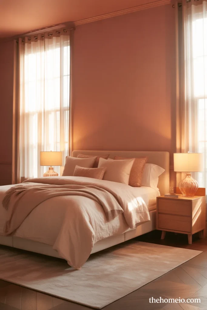 Romantic bedroom with soft dusty rose walls cream bedding rose gold lamps wood furniture and sheer curtains