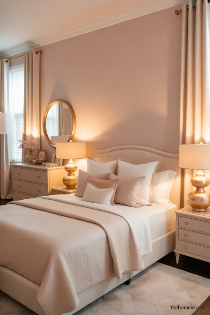 Luxurious bedroom with blush pink walls brushed gold lamps gold framed mirror gold curtain rods and cream bedding