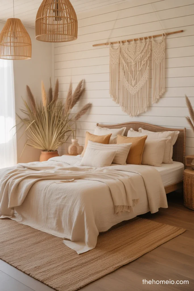 Boho farmhouse bedroom with macramé wall hanging shiplap wall jute rug rattan lights pampas grass and cream linen bedding