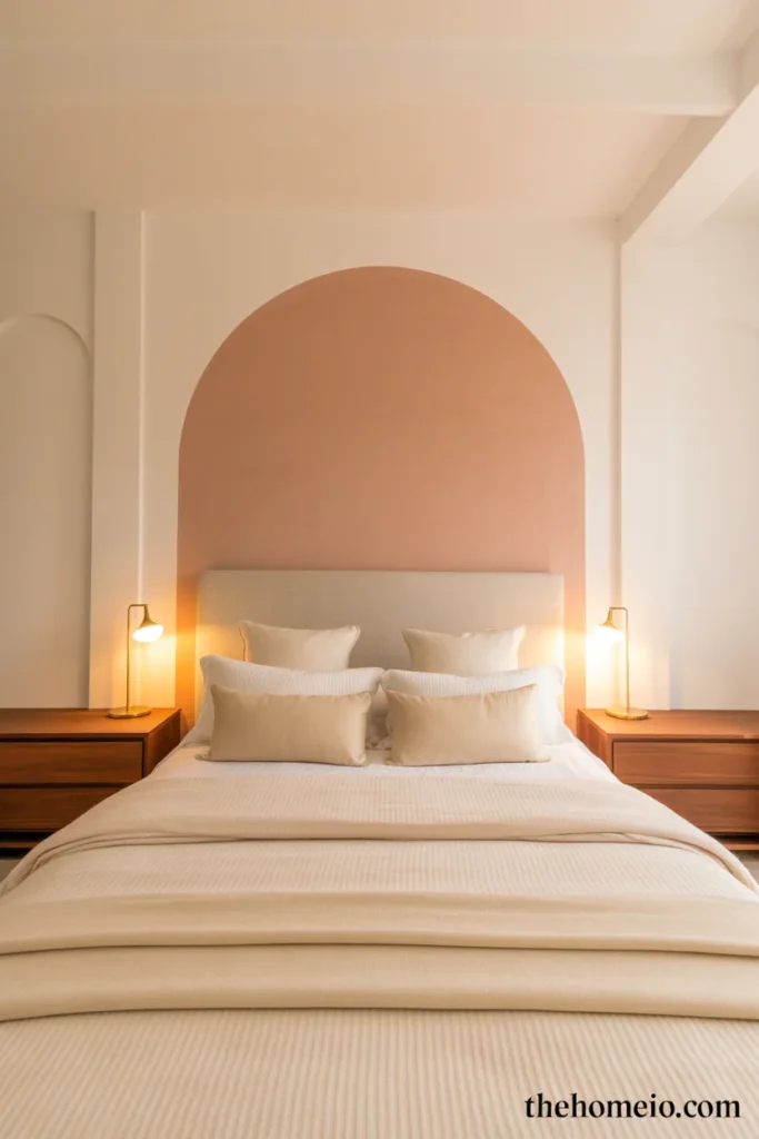 Modern bedroom with large painted terracotta arch on white wall behind bed framing headboard and cream bedding