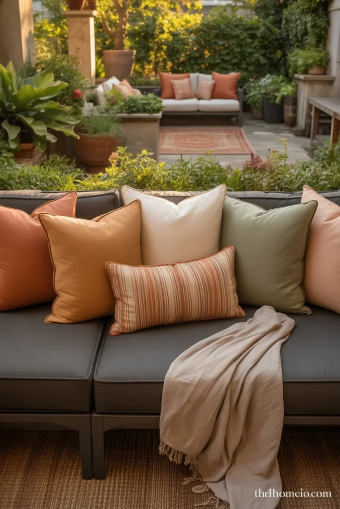 Styled backyard patio sectional sofa with layered outdoor pillows in terracotta cream and sage green with outdoor throw