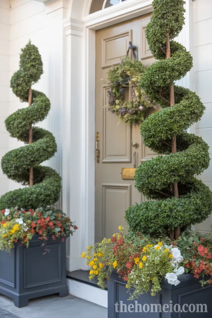 Front door framed by matched topiary planters with seasonal flowers creating a welcoming home entry