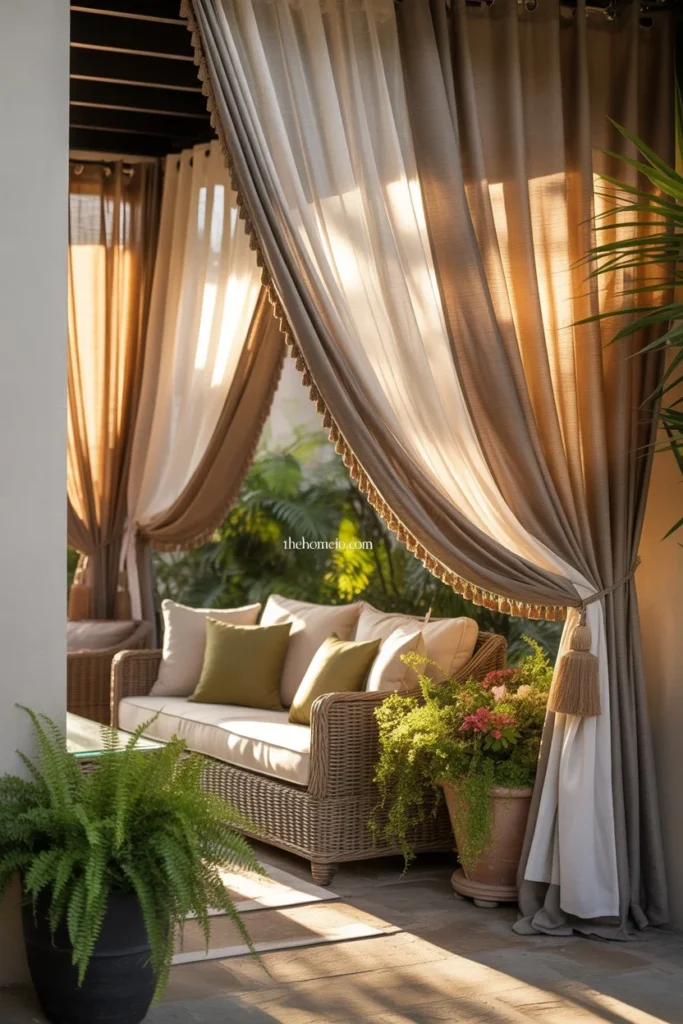 Patio setup with sheer inner curtains and heavier outer drapes, layered textures, comfortable seating, potted greenery, warm sunlight casting gentle shadows, elegant and luxurious backyard feel, realistic