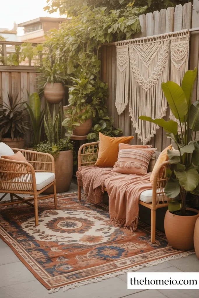 Relaxed boho patio with Moroccan pattern outdoor rug in terracotta navy and cream rattan chairs and macramé wall hanging