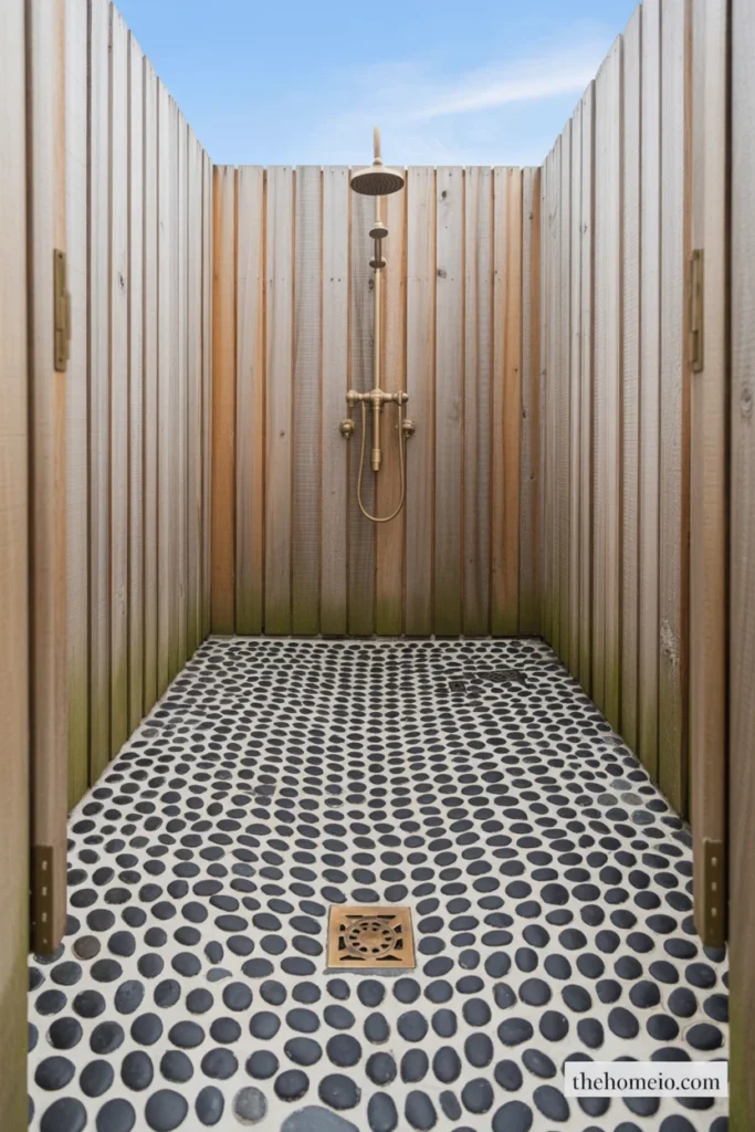 Rustic American backyard outdoor shower interior with smooth black and gray river pebble floor sloping to drain inside cedar enclosure