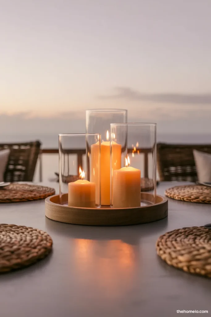 outdoor patio table at evening with candle cluster centerpiece three pillar candles in glass hurricanes on teak tray