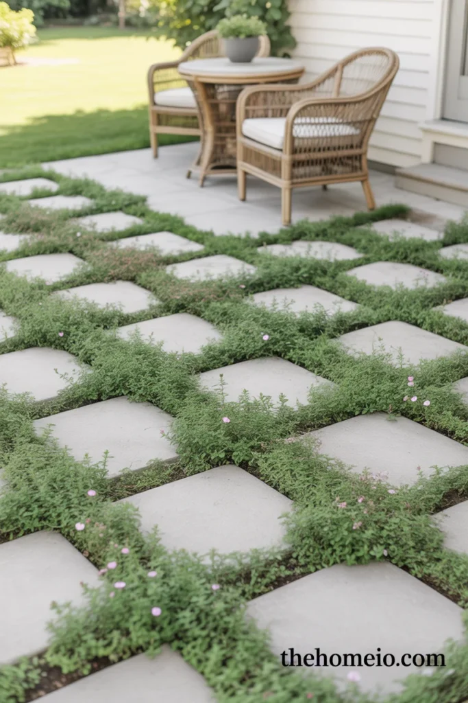 Charming backyard patio with square concrete pavers and lush creeping thyme growing in all joints with pink summer flowers