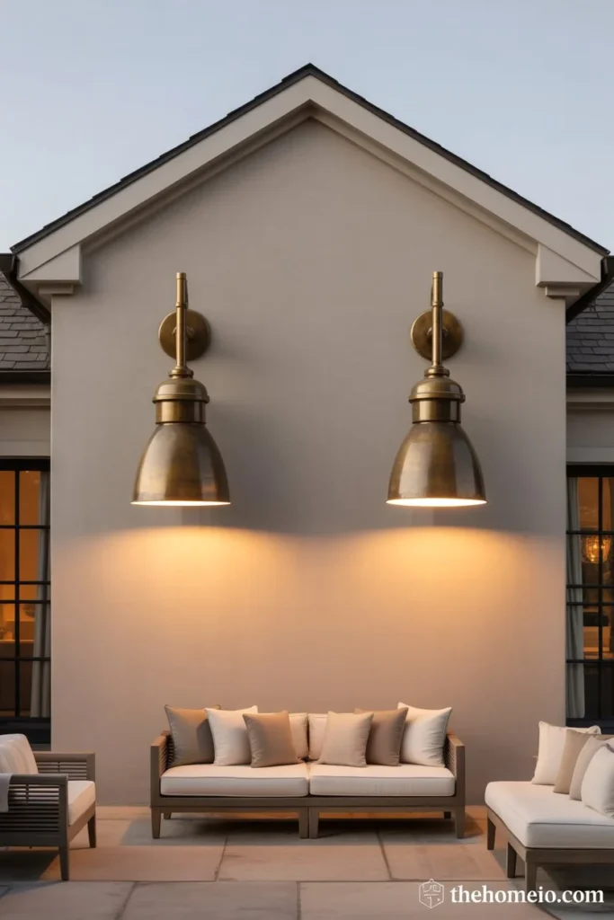 patio with two matching aged brass wall sconces mounted on house wall casting warm light onto seating area below